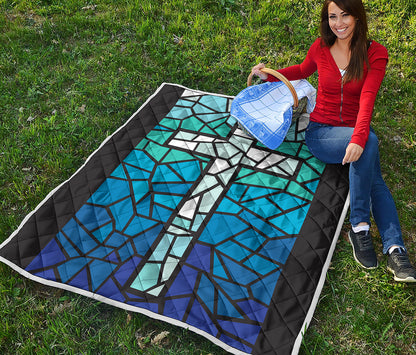 Blue Stained Glass Cross Print Quilt
