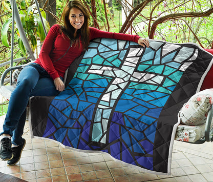 Blue Stained Glass Cross Print Quilt