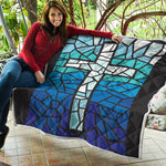 Blue Stained Glass Cross Print Quilt