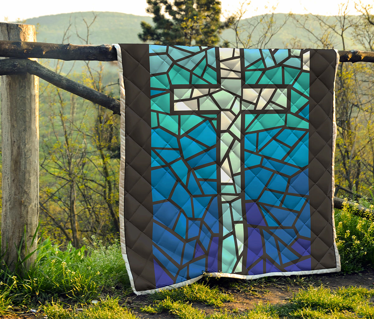 Blue Stained Glass Cross Print Quilt