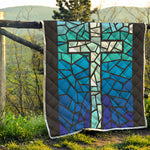 Blue Stained Glass Cross Print Quilt