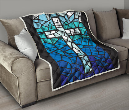 Blue Stained Glass Cross Print Quilt