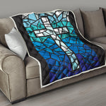 Blue Stained Glass Cross Print Quilt