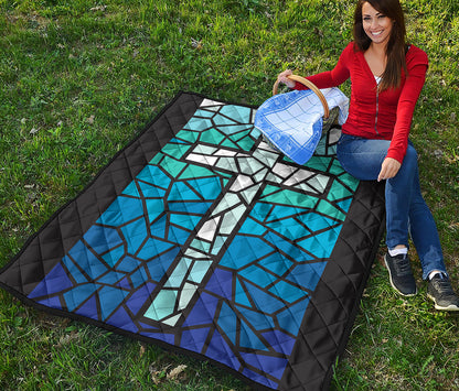 Blue Stained Glass Cross Print Quilt