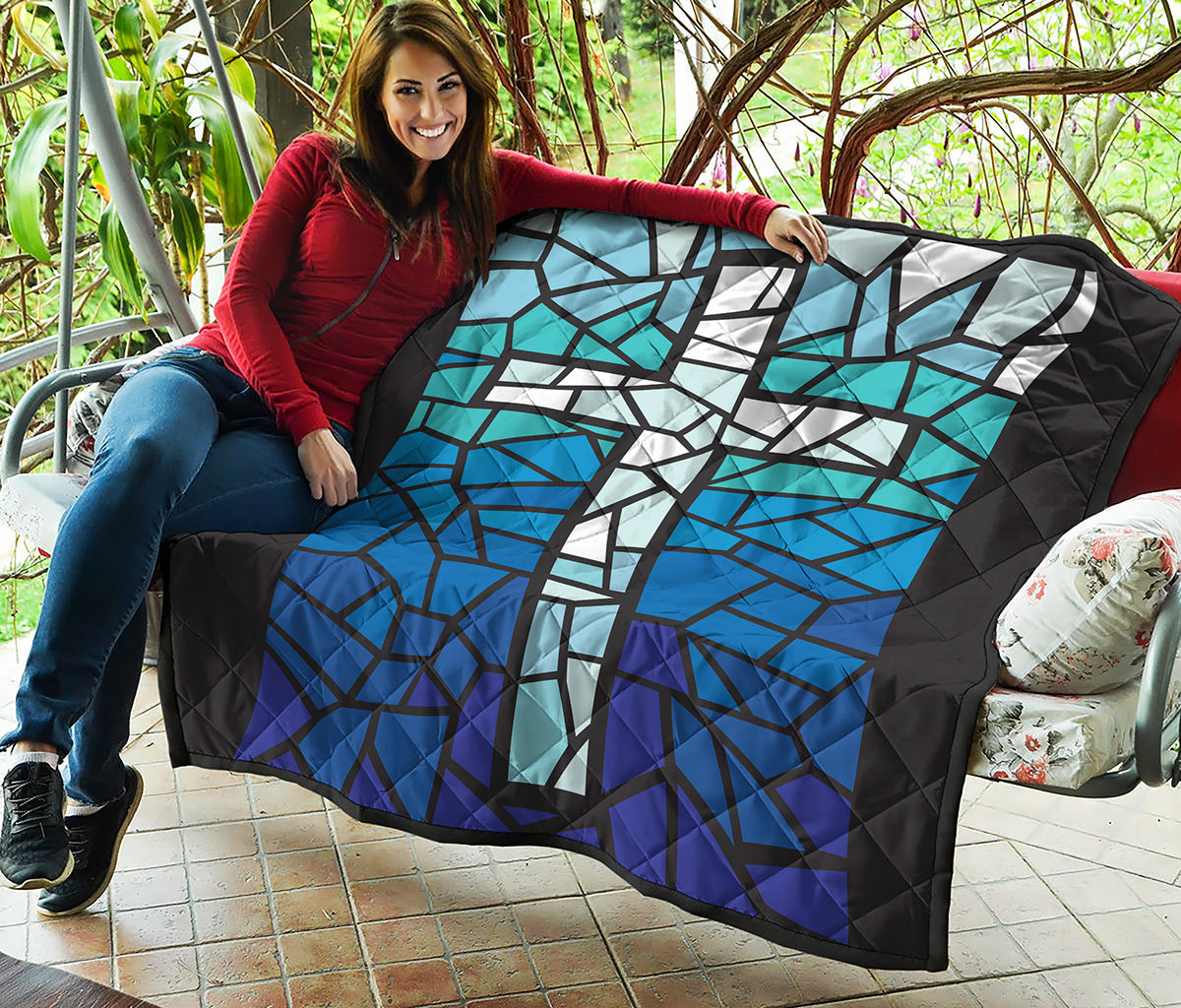 Blue Stained Glass Cross Print Quilt