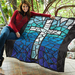 Blue Stained Glass Cross Print Quilt