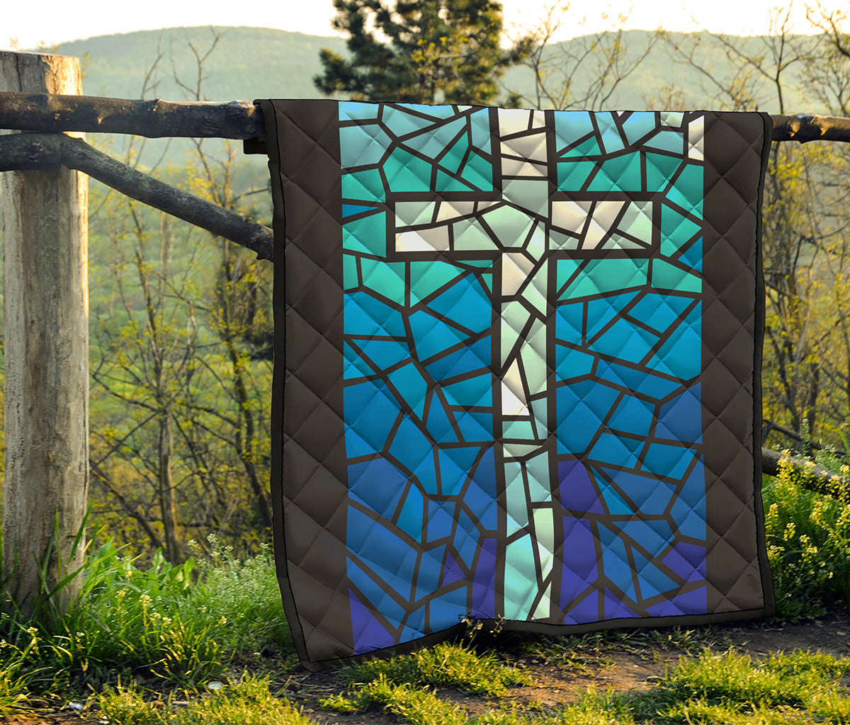 Blue Stained Glass Cross Print Quilt