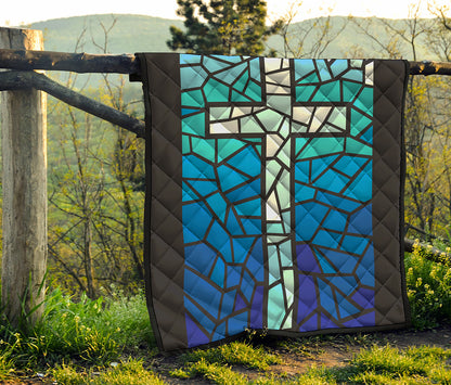 Blue Stained Glass Cross Print Quilt