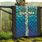 Blue Stained Glass Cross Print Quilt
