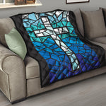 Blue Stained Glass Cross Print Quilt
