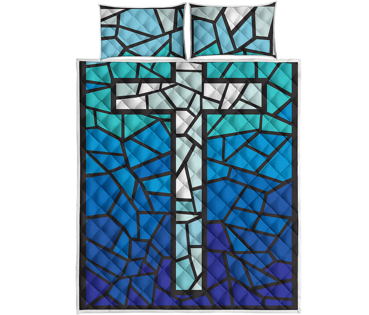 Blue Stained Glass Cross Print Quilt Bed Set