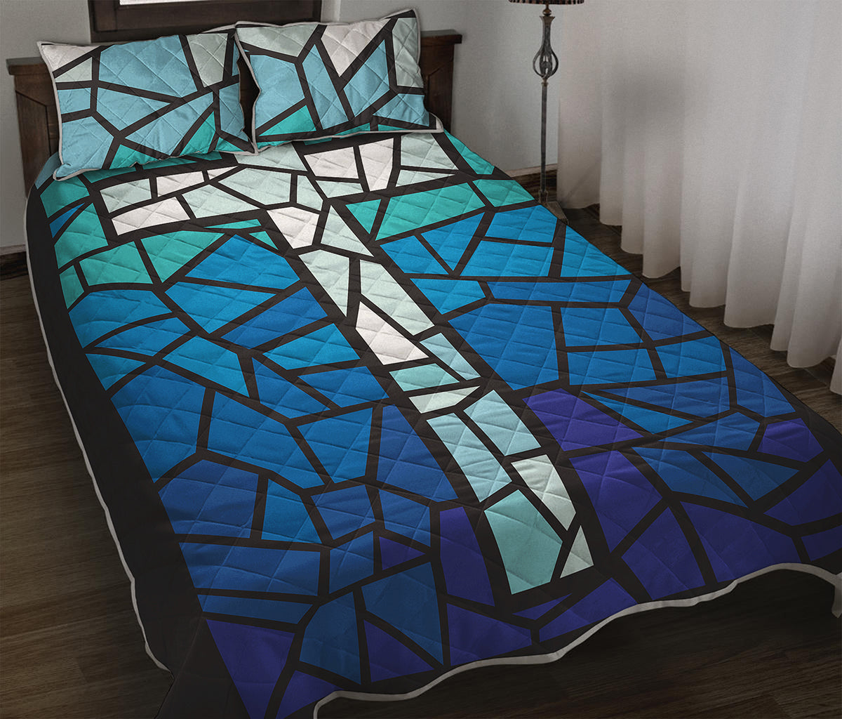 Blue Stained Glass Cross Print Quilt Bed Set