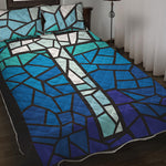 Blue Stained Glass Cross Print Quilt Bed Set
