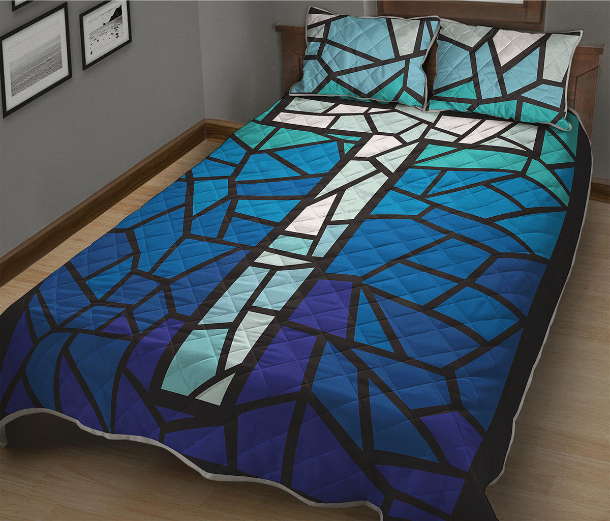 Blue Stained Glass Cross Print Quilt Bed Set