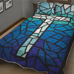Blue Stained Glass Cross Print Quilt Bed Set