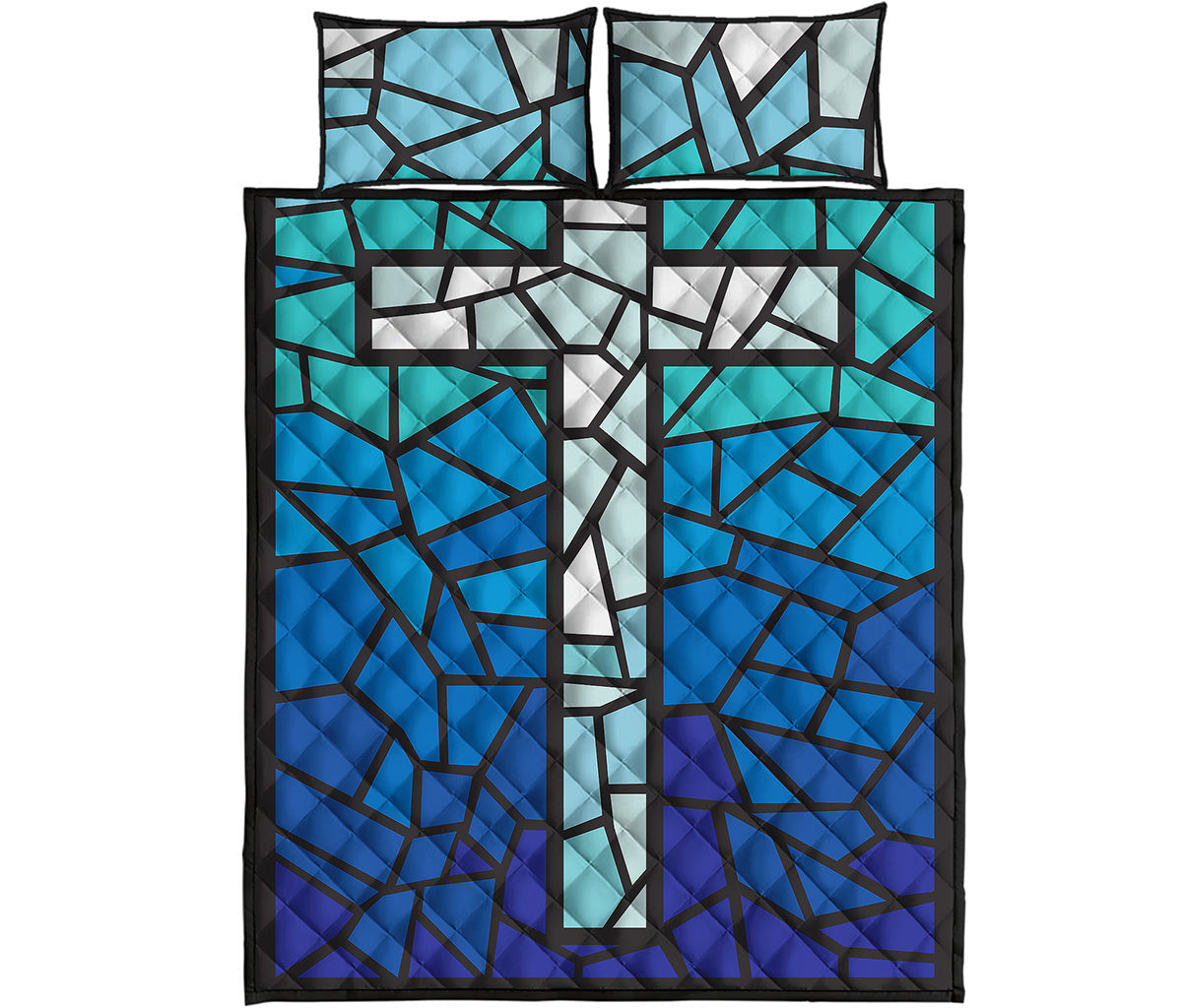 Blue Stained Glass Cross Print Quilt Bed Set