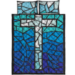 Blue Stained Glass Cross Print Quilt Bed Set