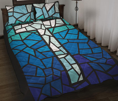 Blue Stained Glass Cross Print Quilt Bed Set