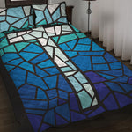 Blue Stained Glass Cross Print Quilt Bed Set