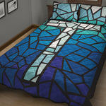 Blue Stained Glass Cross Print Quilt Bed Set