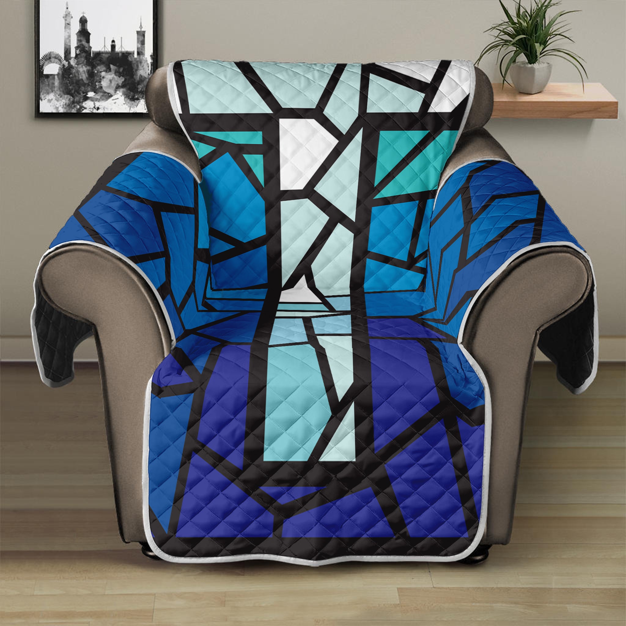 Blue Stained Glass Cross Print Recliner Protector