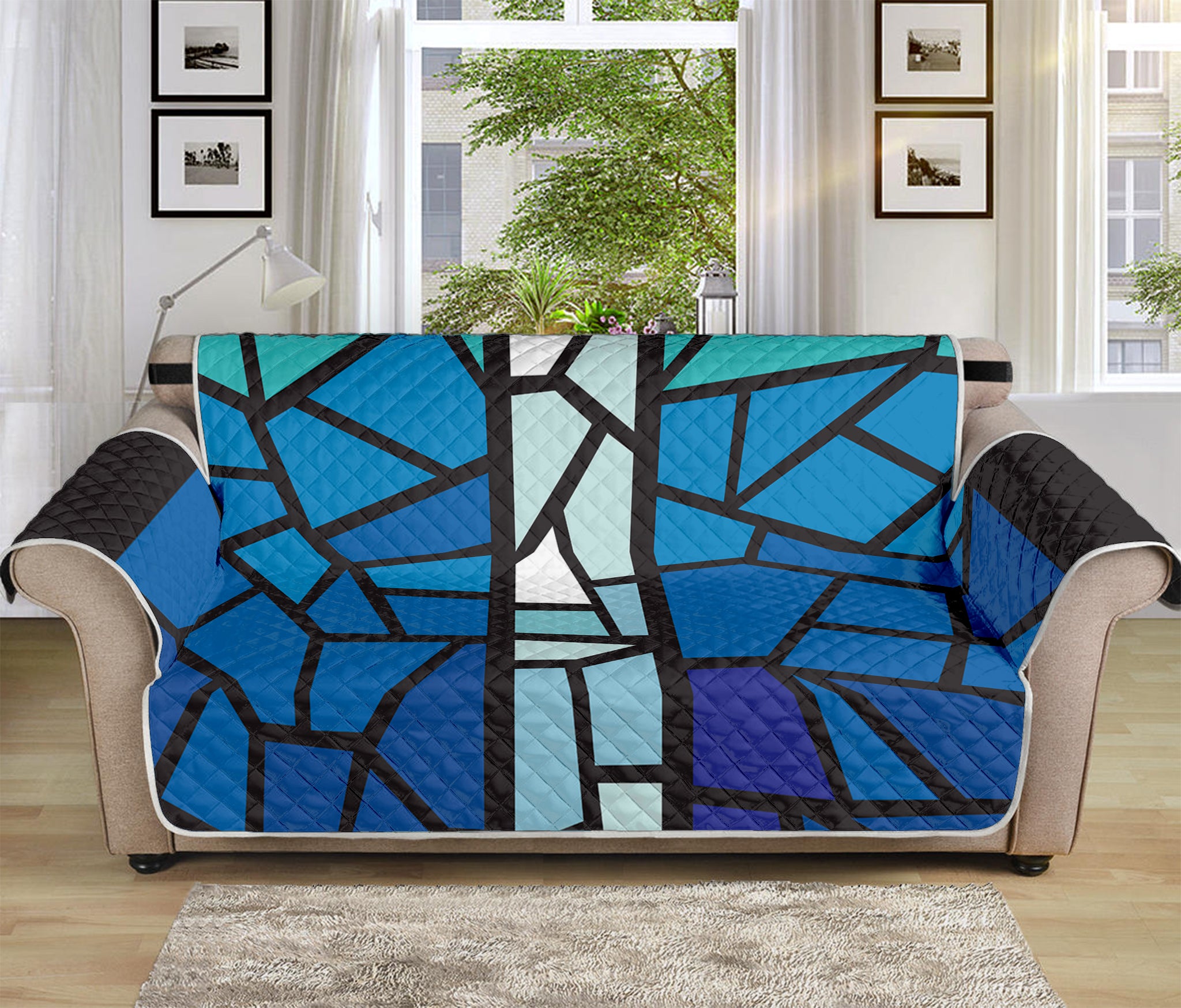 Blue Stained Glass Cross Print Sofa Protector