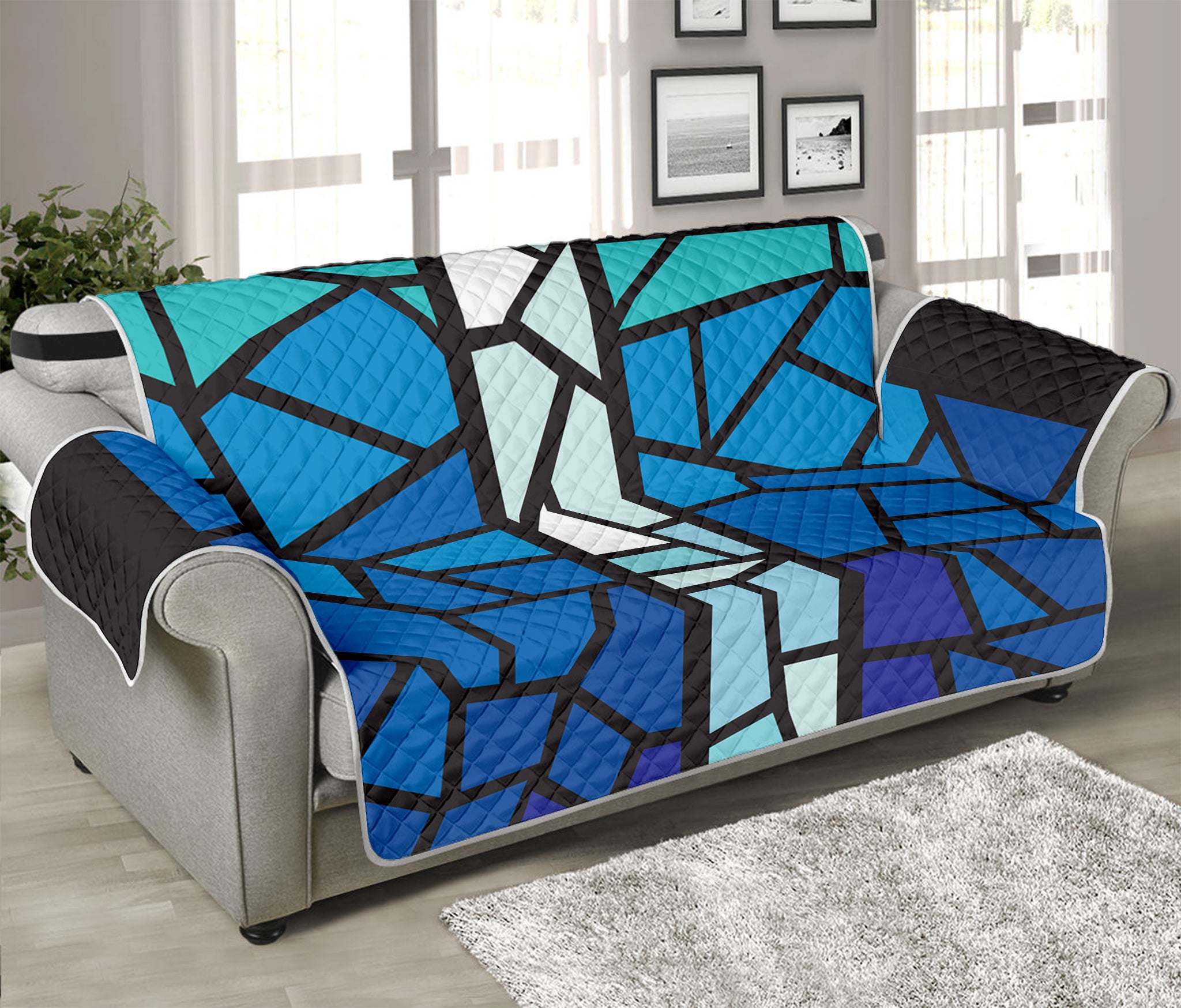 Blue Stained Glass Cross Print Sofa Protector