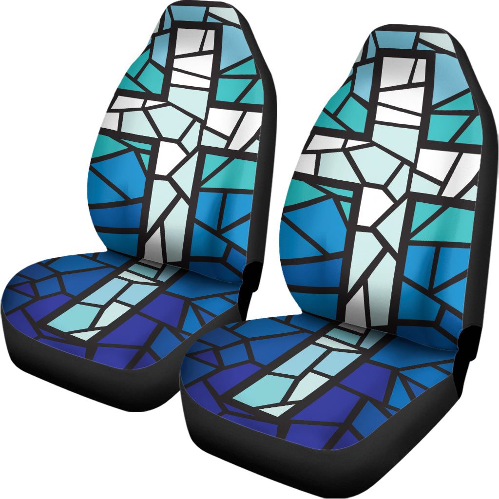 Blue Stained Glass Cross Print Universal Fit Car Seat Covers