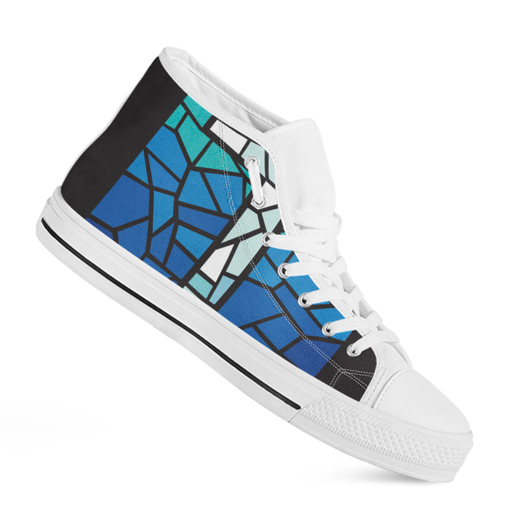 Blue Stained Glass Cross Print White High Top Shoes