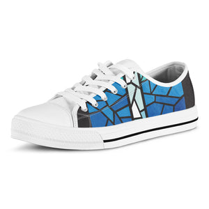 Blue Stained Glass Cross Print White Low Top Shoes