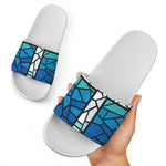 Blue Stained Glass Cross Print White Slide Sandals