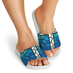 Blue Stained Glass Cross Print White Slide Sandals