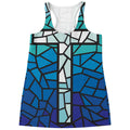 Blue Stained Glass Cross Print Women's Racerback Tank Top