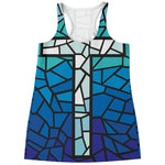 Blue Stained Glass Cross Print Women's Racerback Tank Top