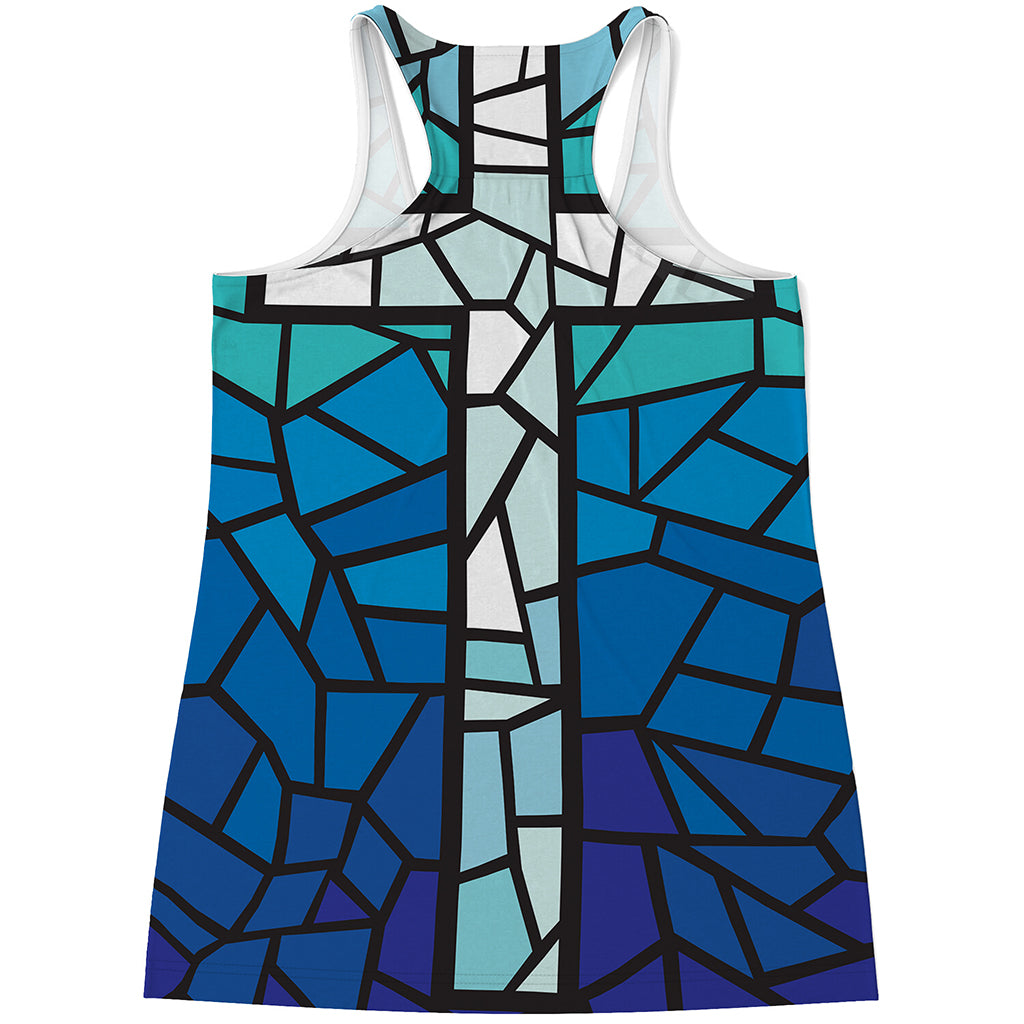 Blue Stained Glass Cross Print Women's Racerback Tank Top