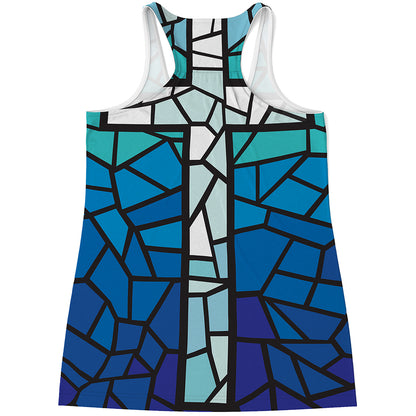 Blue Stained Glass Cross Print Women's Racerback Tank Top