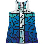 Blue Stained Glass Cross Print Women's Racerback Tank Top