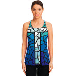 Blue Stained Glass Cross Print Women's Racerback Tank Top