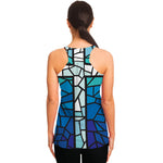 Blue Stained Glass Cross Print Women's Racerback Tank Top
