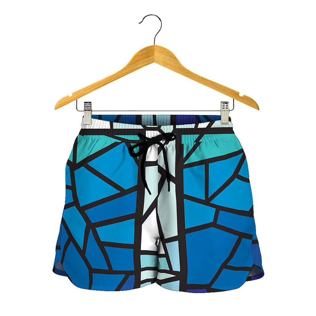 Blue Stained Glass Cross Print Women's Shorts