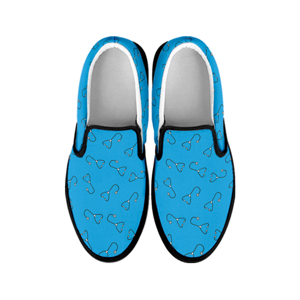 Blue Stethoscope Pattern Print Black Slip On Shoes