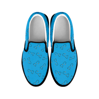 Blue Stethoscope Pattern Print Black Slip On Shoes