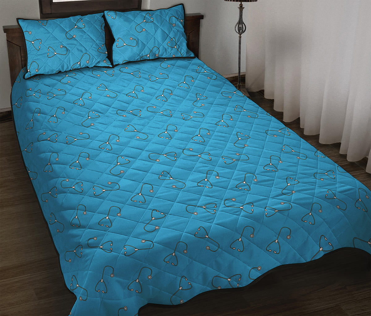 Blue Stethoscope Pattern Print Quilt Bed Set