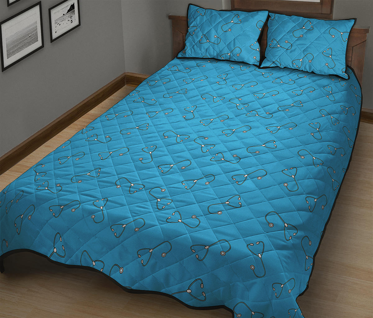 Blue Stethoscope Pattern Print Quilt Bed Set