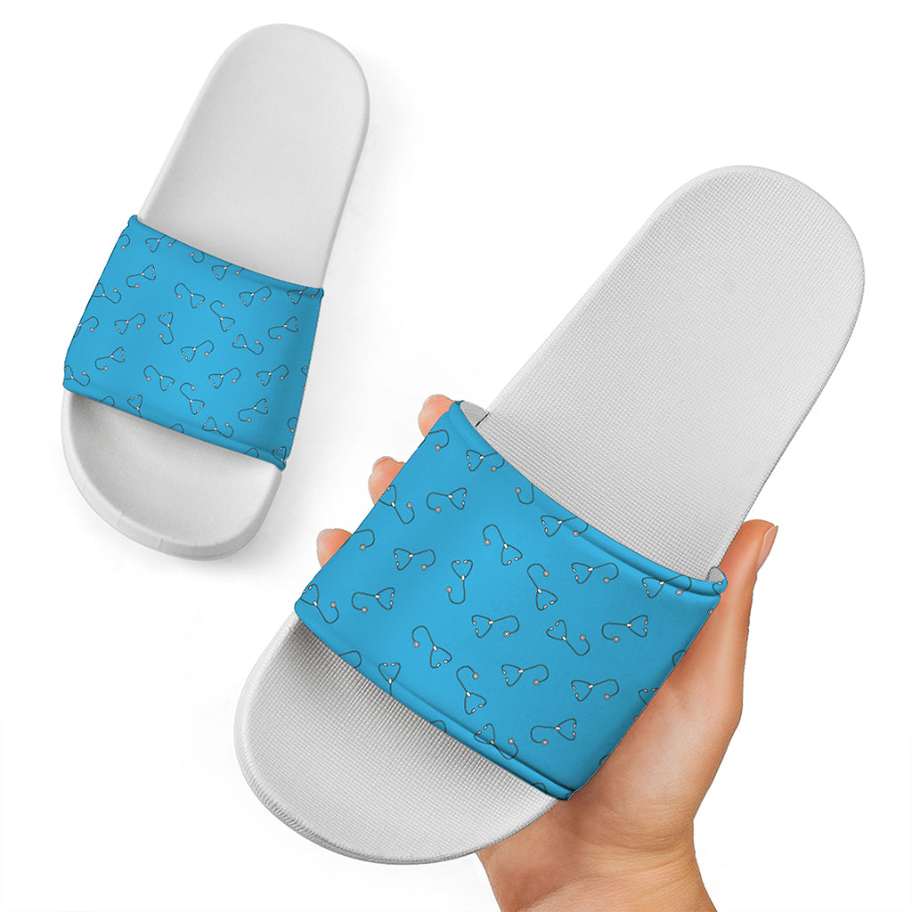 Blue Stethoscope Pattern Print White Slide Sandals