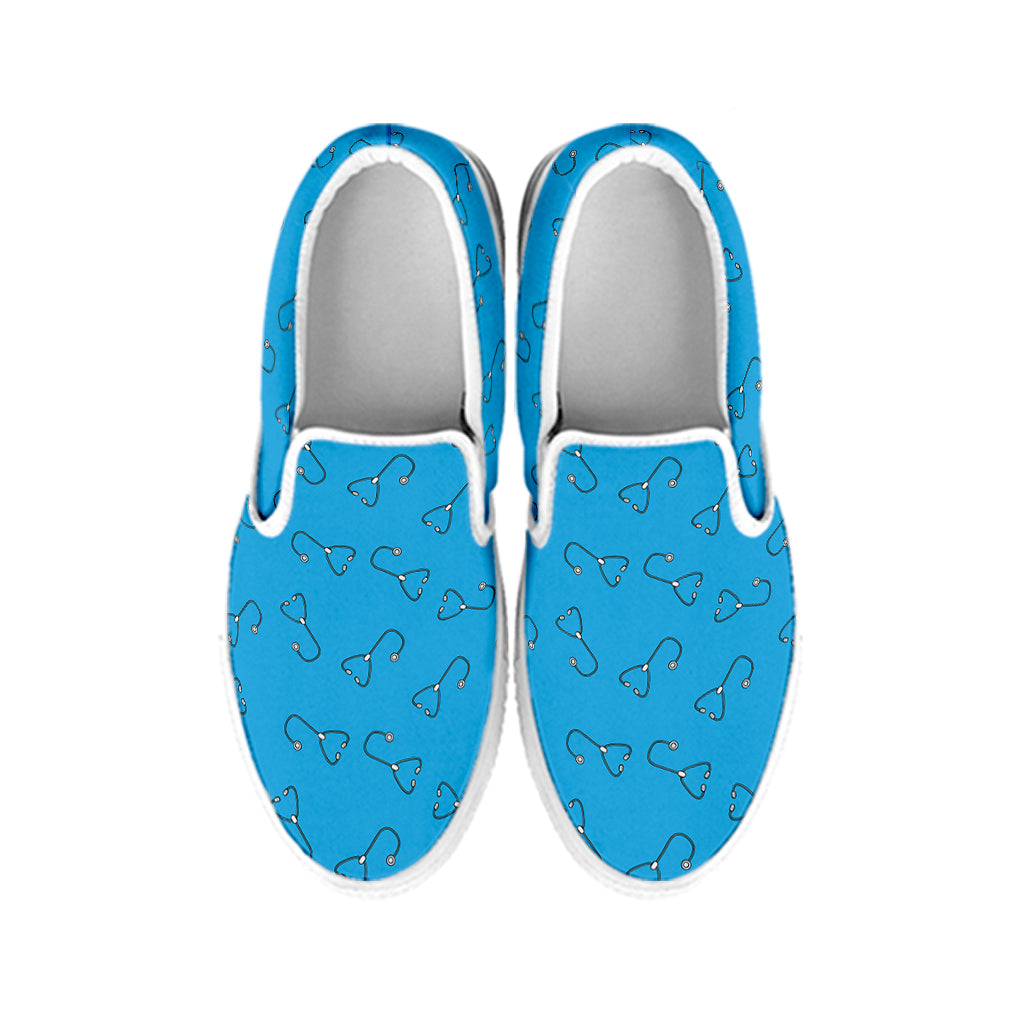 Blue Stethoscope Pattern Print White Slip On Shoes