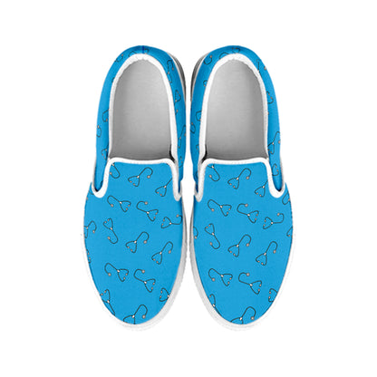 Blue Stethoscope Pattern Print White Slip On Shoes
