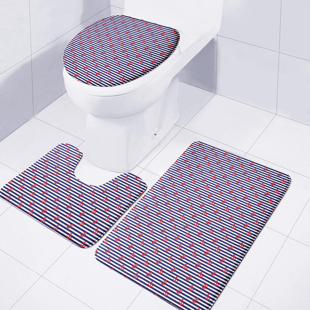 Blue Striped Nautical Anchor Print 3 Piece Bath Mat Set