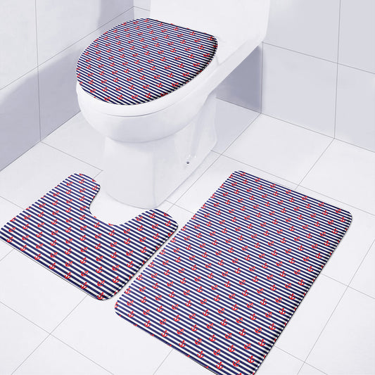 Blue Striped Nautical Anchor Print 3 Piece Bath Mat Set