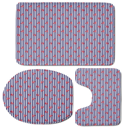 Blue Striped Nautical Anchor Print 3 Piece Bath Mat Set